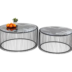 KARE Design Table Basse Wire Noir/Verre Décor Marbre (2/Set)