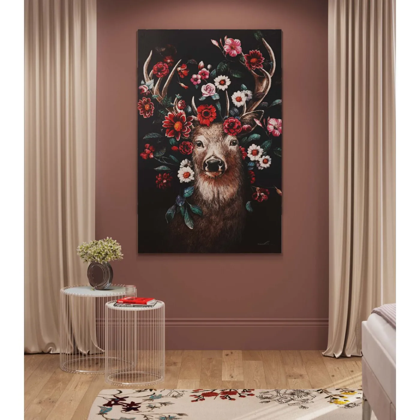 KARE Design Tableau Sur Toile Deer In Flower 90X140Cm